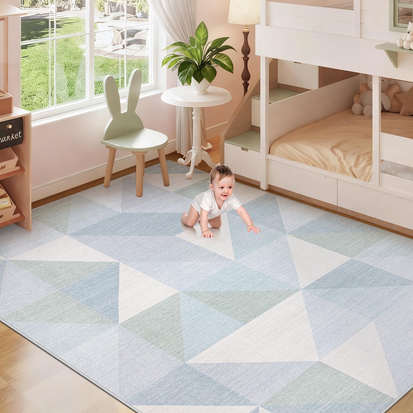 Washable Rug 6x9 Area Rugs: Modern Geometric Area Rug for Living Room Non-Slip Neutral Soft Carpet Low Pile Stain Resistant Indoor Rugs for Bedroom Nursery Dining Room Office (Light Blue, 6'X9')