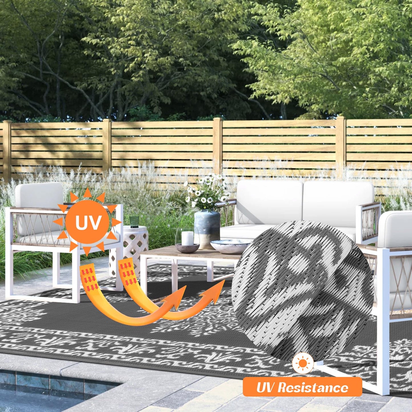 Yamaziot Outdoor Rug 9x12 Ft, Waterproof Plastic Straw Patio Rug, Reversible Backyard Carpet UV Resistant Portable RV Mat Clearance, Large Indoor Outdoor Rug for Patio, Porch, Deck, Balcony, Dark Gray