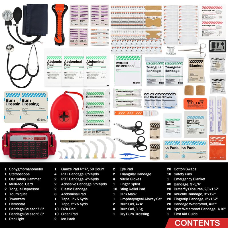 RHINO RESCUE First Responder First Aid Kit Fully-Stocked EMT Bag, Professional EMT/EMS Trauma Medical Kit, Molle System & Reflective Stripe, 300+ First Aid Supplies, Suits for Business, Home (Red)