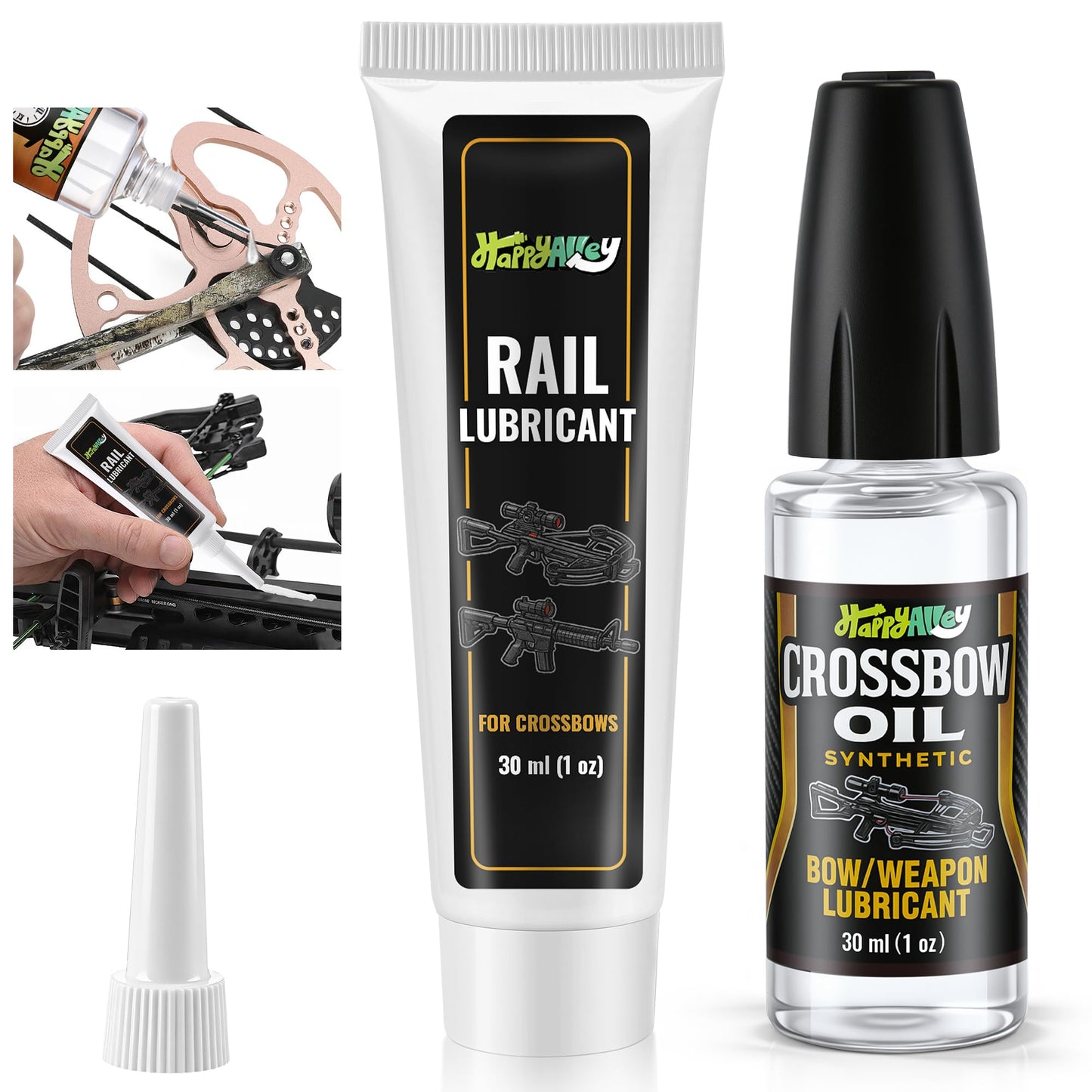HappyAlley Crossbow Rail Lube & Oil Set with Precision Applicator, 1 oz Crossbow Rail Lubricant and 1 oz Cross Bow Lube for Reduced Friction and Smooth Cross Bow Operation