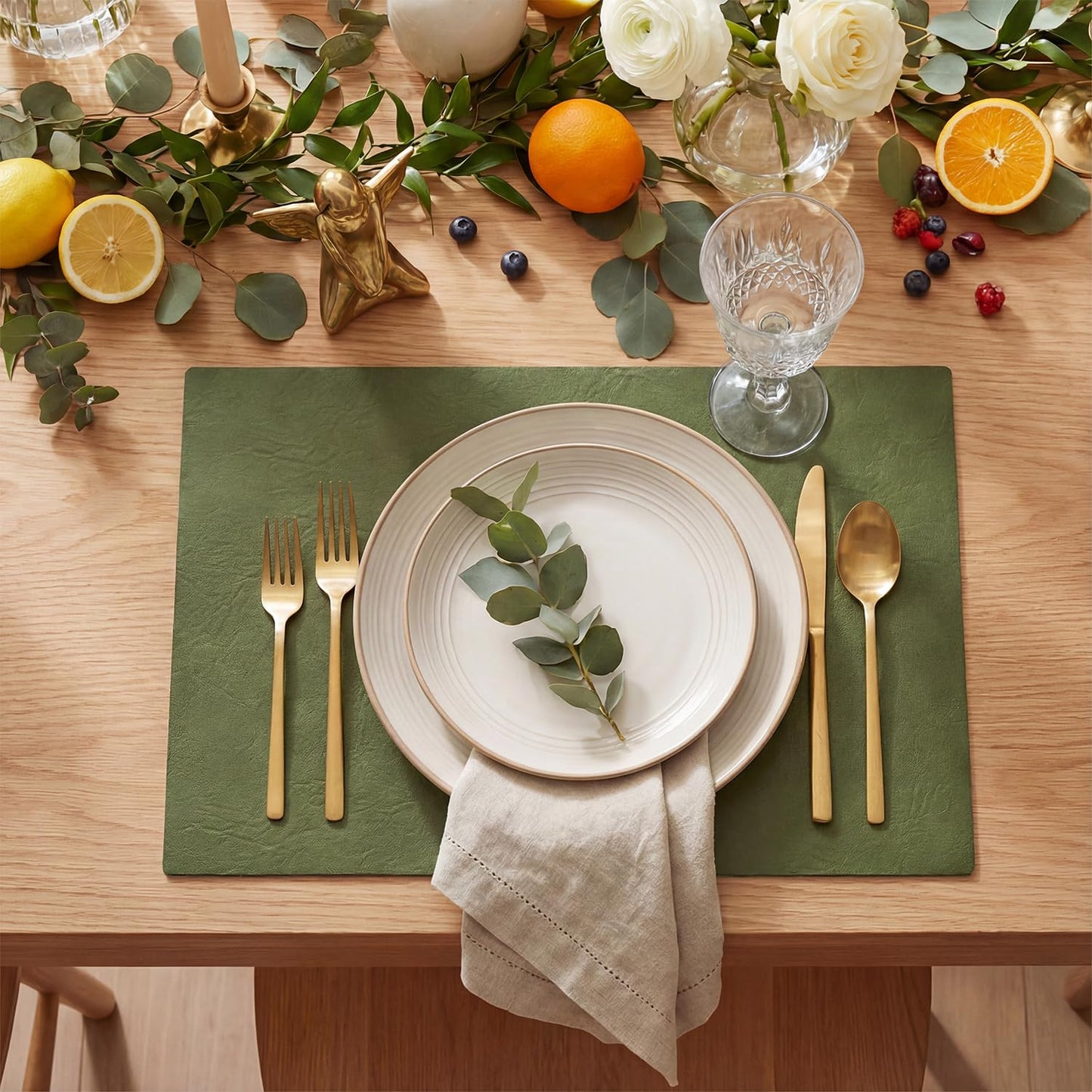 Artoid Mode Olive Green Faux Leather Placemats Set of 6, 12x18 Inch Waterproof Wipeable Heat Resistant Vinyl Place Mats, Reversible Table Mats for Kitchen Dining Decor