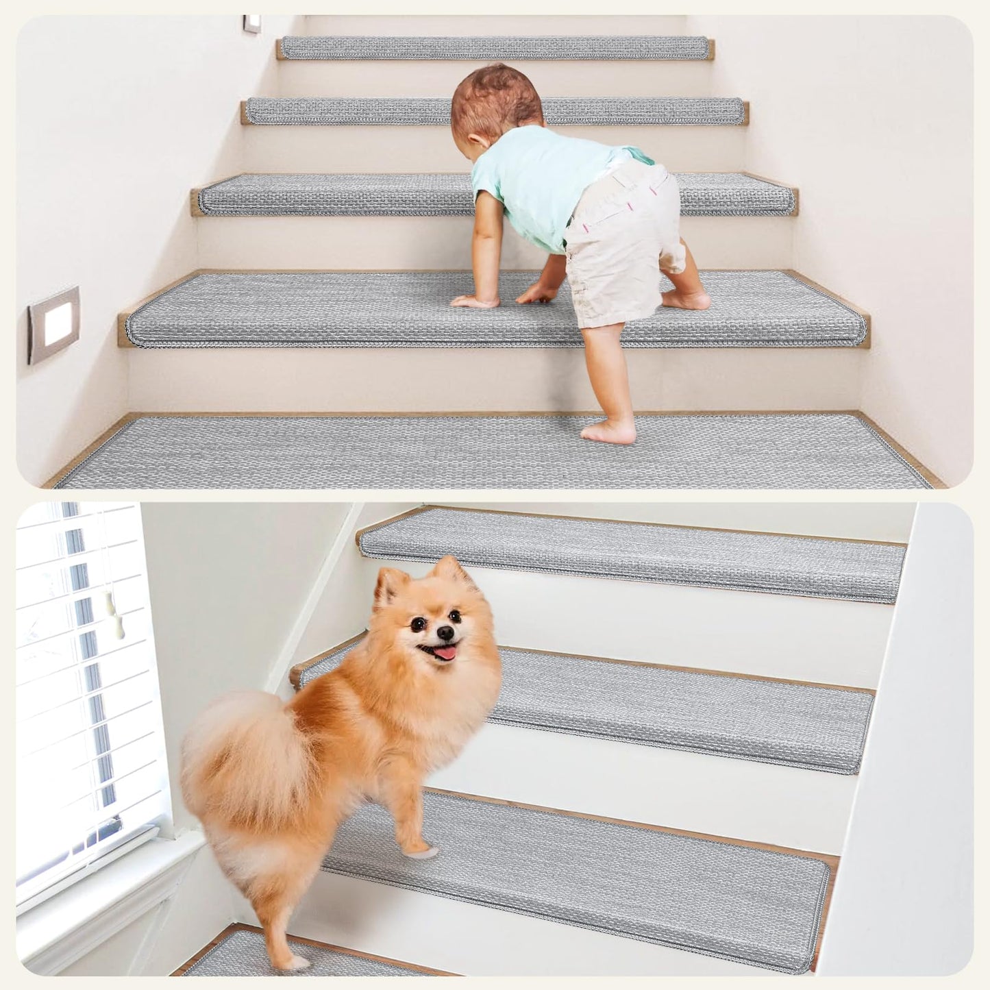 SMILOOL Bullnose Carpet Stair Treads Non Slip for Wooden Steps Indoor, 9.5" x 35" 2 Pieces, Extra Wide Bull Nose Carpet Runners for Wood Stairs, Step Covers, Stair Tread Rugs, Washable, Light Grey