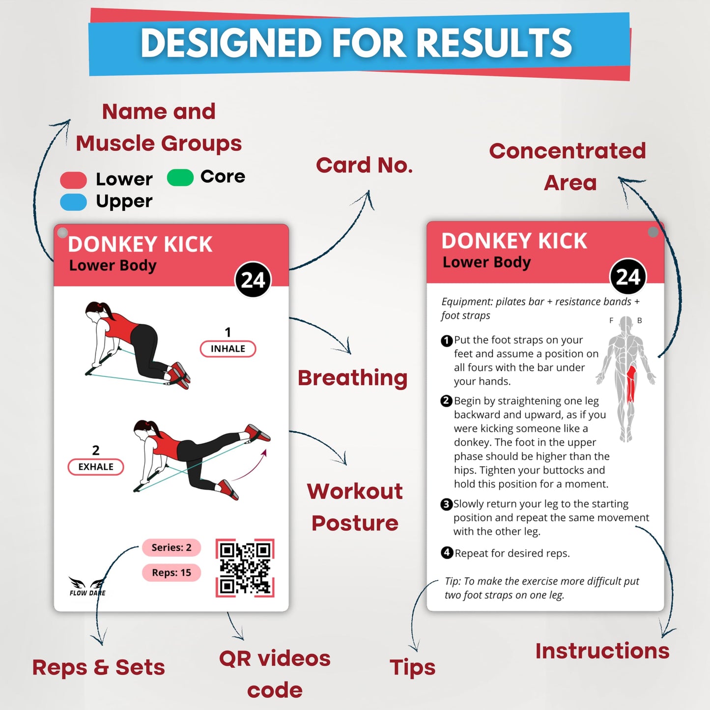 Pilates Bar Kit Workout Cards – 62 Exercise Cards Deck with Videos & Workout Plan - Includes 8-Week Challenge, Chart & 2 Rings for Easy Organization - Home Exercise Bar Guide for Women & Men
