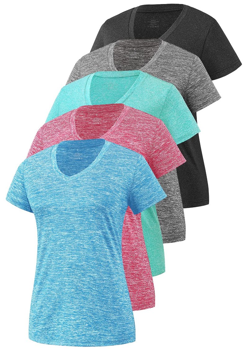 Cosy Pyro Women's Short Sleeve V-Neck Athletic T-Shirt Exercise Yoga Tees Dry Fit Gym Shirts Moisture Wicking Workout Tops Pack of 5 Black/Gray/Azure/Rose/Blue L
