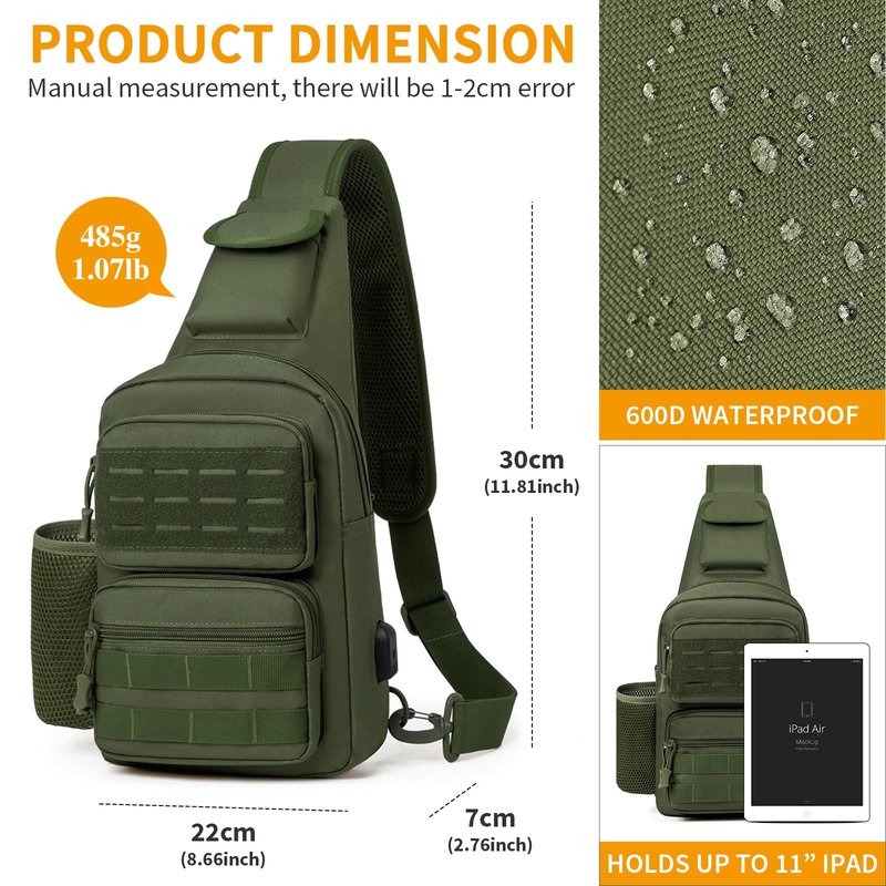 HUNTVP Tactical Sling Bag Crossbody Bag for Men Women EDC Shoulder Bags Molle Sling Backpack Chest Pack for Hiking Hunting Travelling Camping (Type3-Army Green)