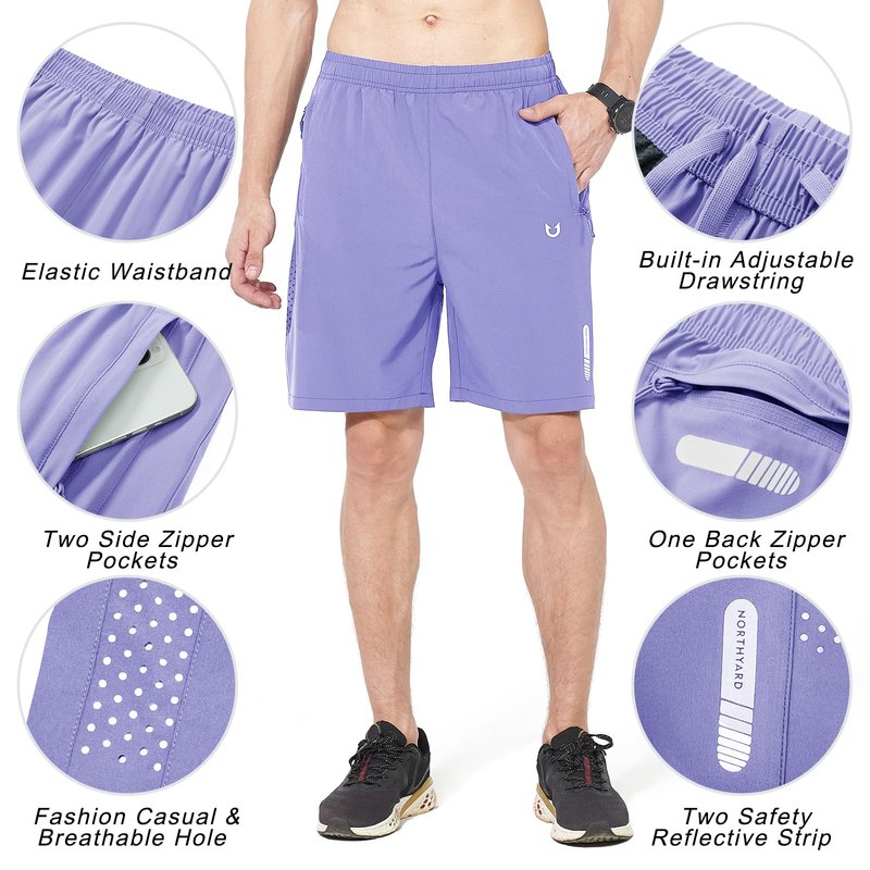 NORTHYARD Men's Athletic Running Shorts Gym Workout 7"/9"/5" Quick Dry Lightweight Sports Basketball Tennis 3 Zipper Pockets Violet S