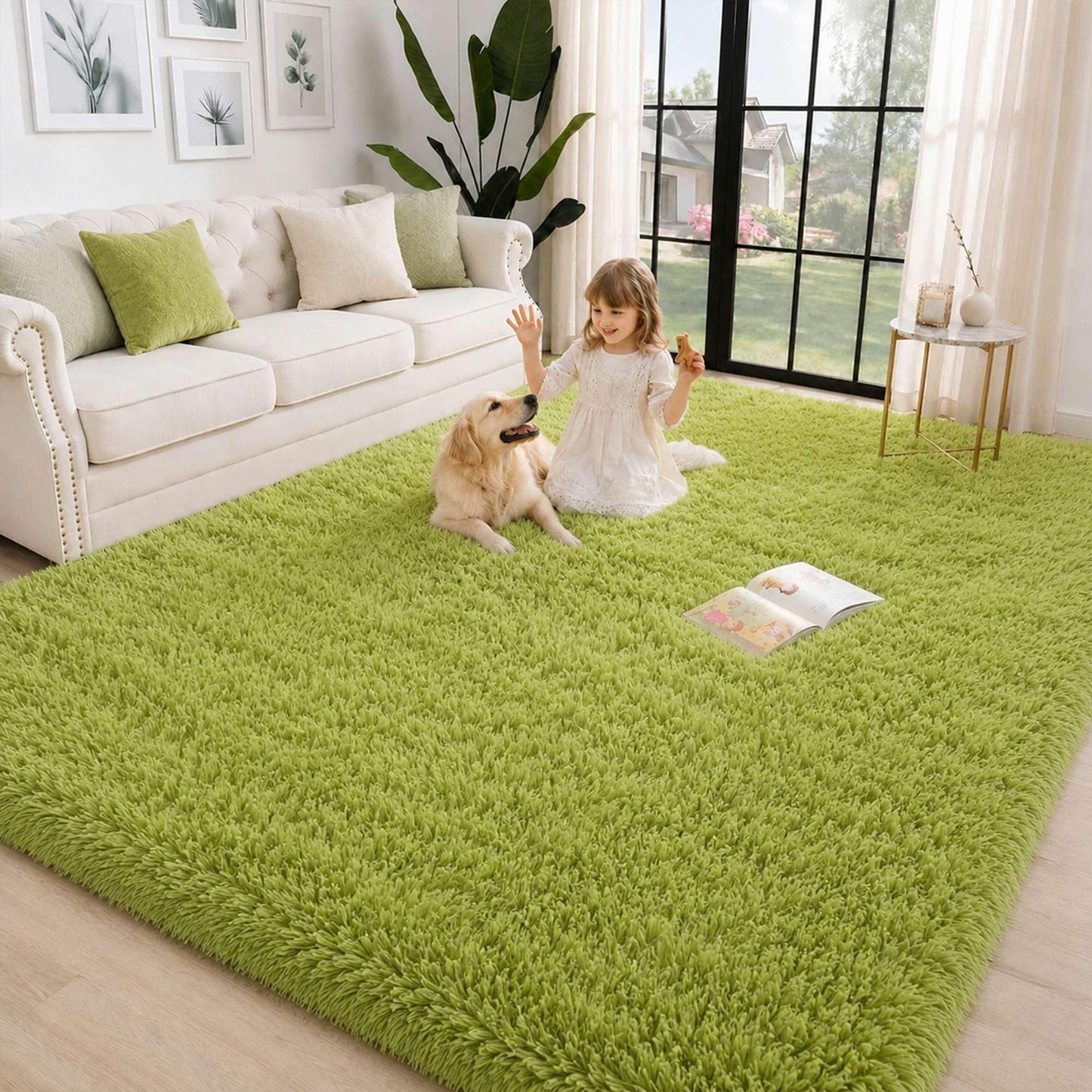 OHWPEAT 6x9 Ft Sage Green Fluffy Area Rugs, Washable Ultra Soft Faux Fur Shag Carpet with Non-Slip Backing, Faux Grass Fuzzy Plush Rug for Football Soccer Watch Parties, Game Room, Patio, Party Decor