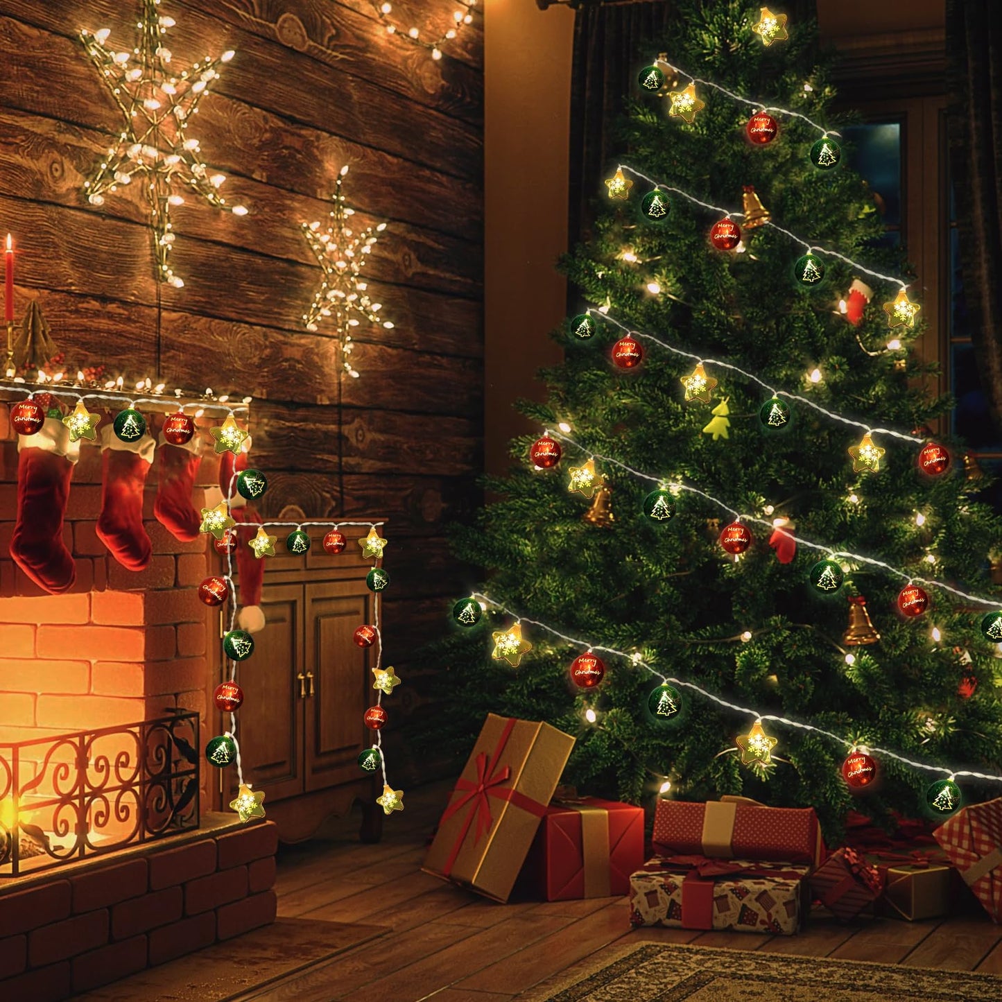 Christmas Decorations Lights, 13.5ft 20 Led Battery Christmas Light with Timer & 8 Modes, Christmas Ball & Star Ornaments Light for Xmas Tree Wreath Window Wall Home Garden Outdoor Indoor Decor
