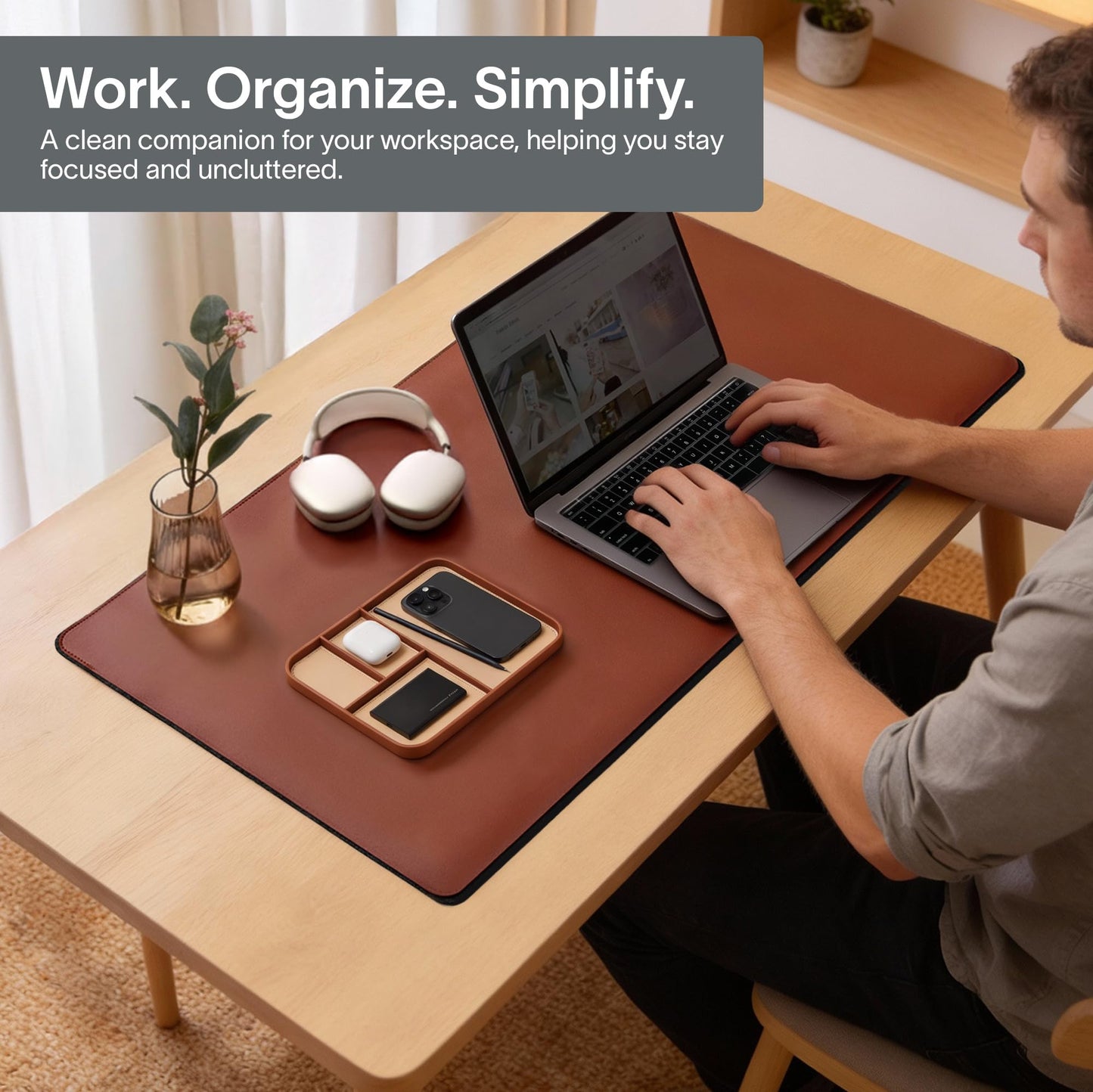 Nordik Leather Valet Tray - Sand Brown - 9.5 x 7.9 Inch Medium Vegan Leather Tray - Stylish Nightstand Organizer for Men - Modern Bedside Caddy - EDC Catchall for Key Watch Wallet Jewellery