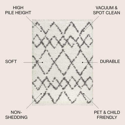 JONATHAN Y Mercer Shag Plush Tassel Ivory/Gray Indoor Area Rug, 8x10, Moroccan Geometric Trellis, Contemporary, Easy-Cleaning for Living Room, Bedroom, Kitchen, Pet Friendly, Non-Shedding (MCR102B-8)