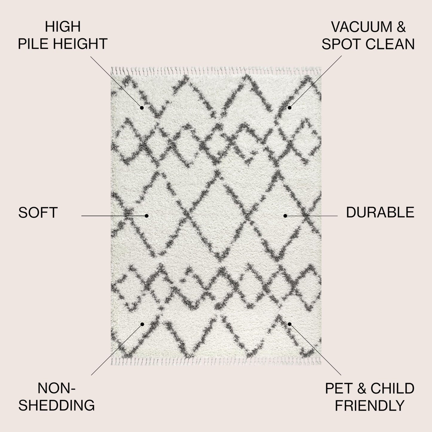 JONATHAN Y Mercer Shag Plush Tassel Ivory/Gray Indoor Area Rug, 3x5, Moroccan Geometric Trellis, Contemporary, Easy-Cleaning for Living Room, Bedroom, Kitchen, Pet Friendly, Non-Shedding (MCR102B-3)