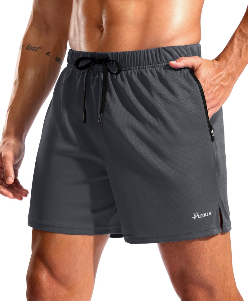 Pudolla Men's Workout Running Shorts with Zipper Pockets 5" Lightweight Quick Dry Athletic Gym Mesh Shorts no Liner(Dusty Grey Medium)