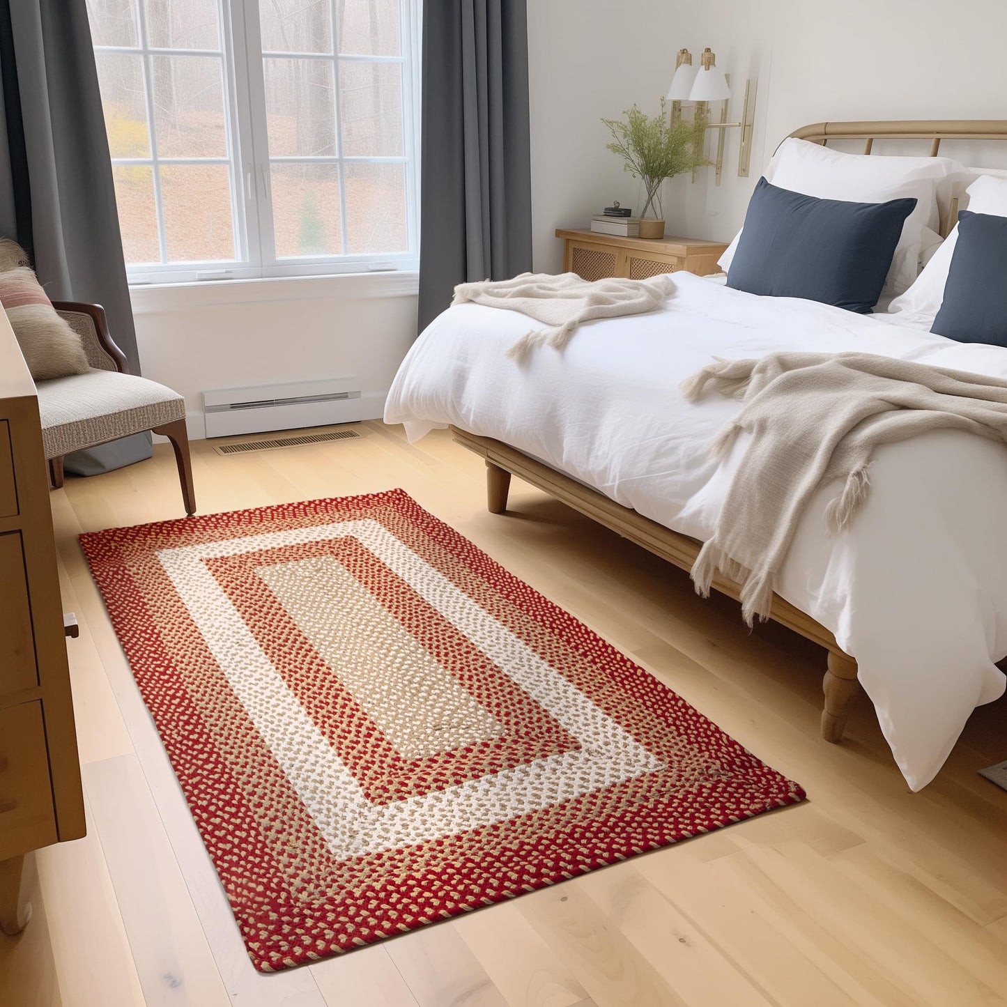 Super Area Rugs 4X6ft Farmhouse Braided Rug - Natural Soft Cotton Carpet for Dining Room/Kitchen - Primitive Country Woven Rug - Red/Cream/Ivory
