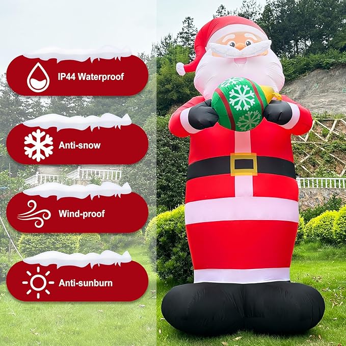 10FT Santa Claus Christmas Inflatable Decorations Blow Up Giant Santa Snowflake Ball Indoor Outdoor Decor Lights for Party Holiday Xmas Lawn Outside Patio Yard Garden Home Ornaments