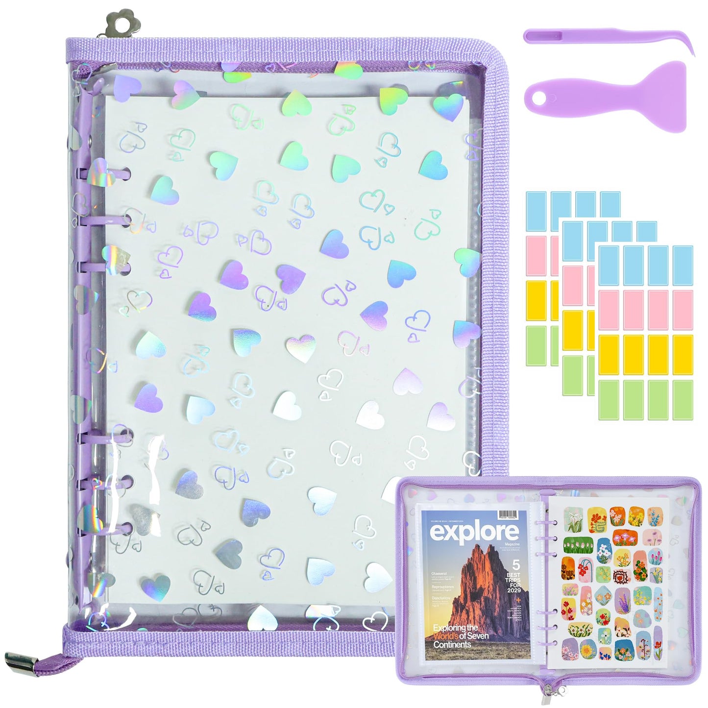 Sticker Storage Organizer Binder A5 Sticker Zipper Photocard Binder Holder Collecting Book Organizing Trading Card Album Holder with Blank Reusable Release Paper Purple(Heart)