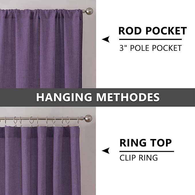 Tollpiz Linen Curtain Living Room Rod Pocket Semi Sheer Curtains Burlap Light Filtering Thick Linen Drape for Bedroom, 54 x 72 inches Long, Royal Purple, Set of 2 Panels
