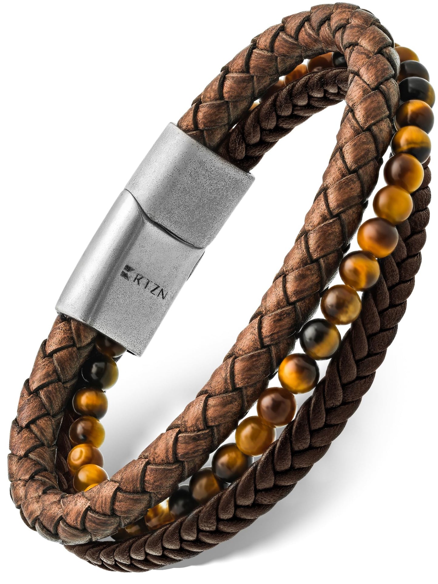 RTZN® Multi Strand Bracelet for Men – Premium Artisan Handcrafted Tiger Eye Bead and Brown Braided Leather Bracelet – Authentic Tigers Eye Stone & Brown Leather Mens Bracelet (Medium)