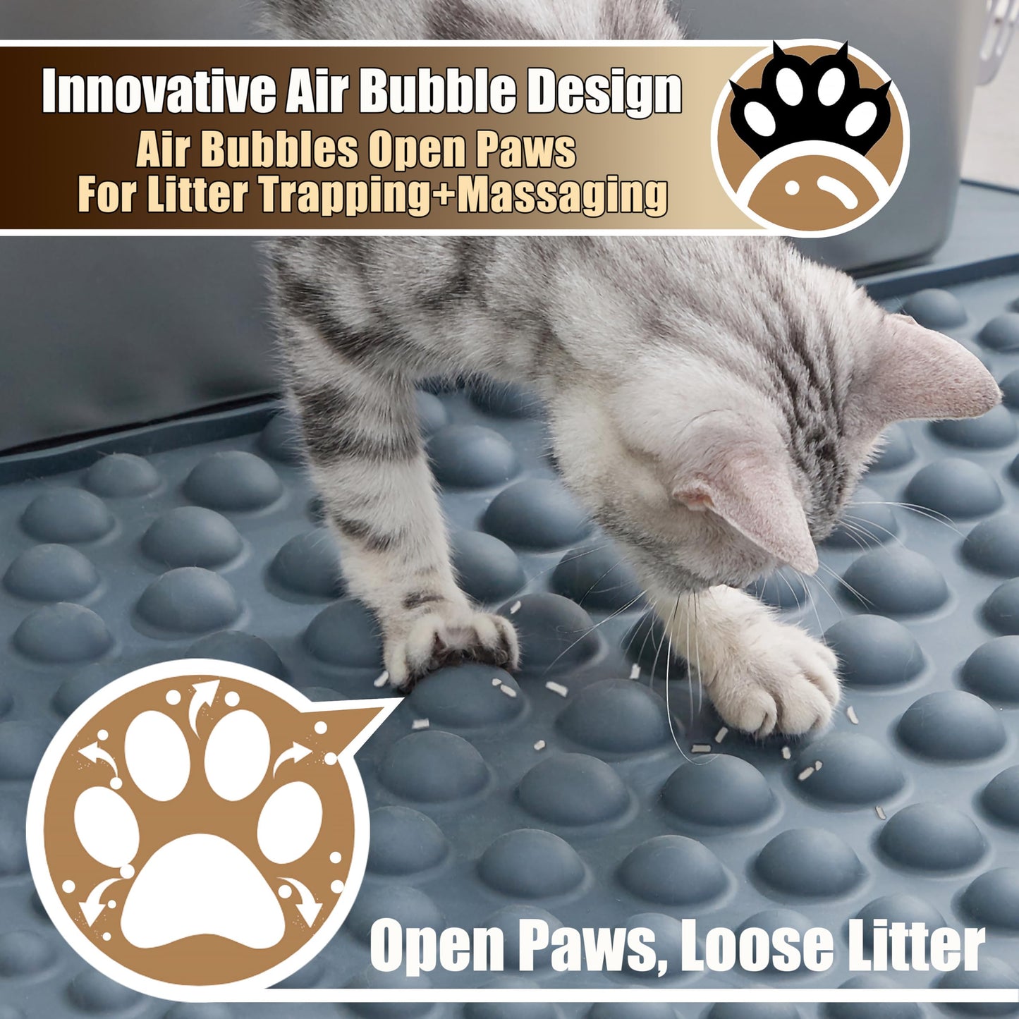 PetPals Silicone Cat Litter Trapping Mat,32" Round Waterproof & Non-Slip Litter Catcher, Self-Cleaning Litter Box Mat, Large Litter mat for Automatic Litter Box, Grey