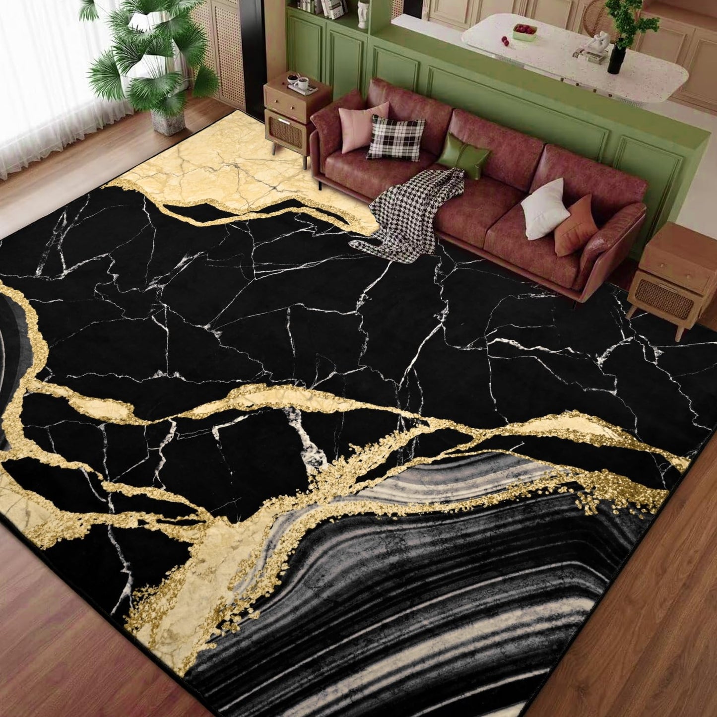 ASPMIZ Marble Area Rug 8x10 Washable Rugs for Living Room, Soft Faux Wool Black and Gold Bedroom Rugs Non Slip Modern Floor Carpet Low Profile Large Throw Rug for Dining Room Home Office Decor
