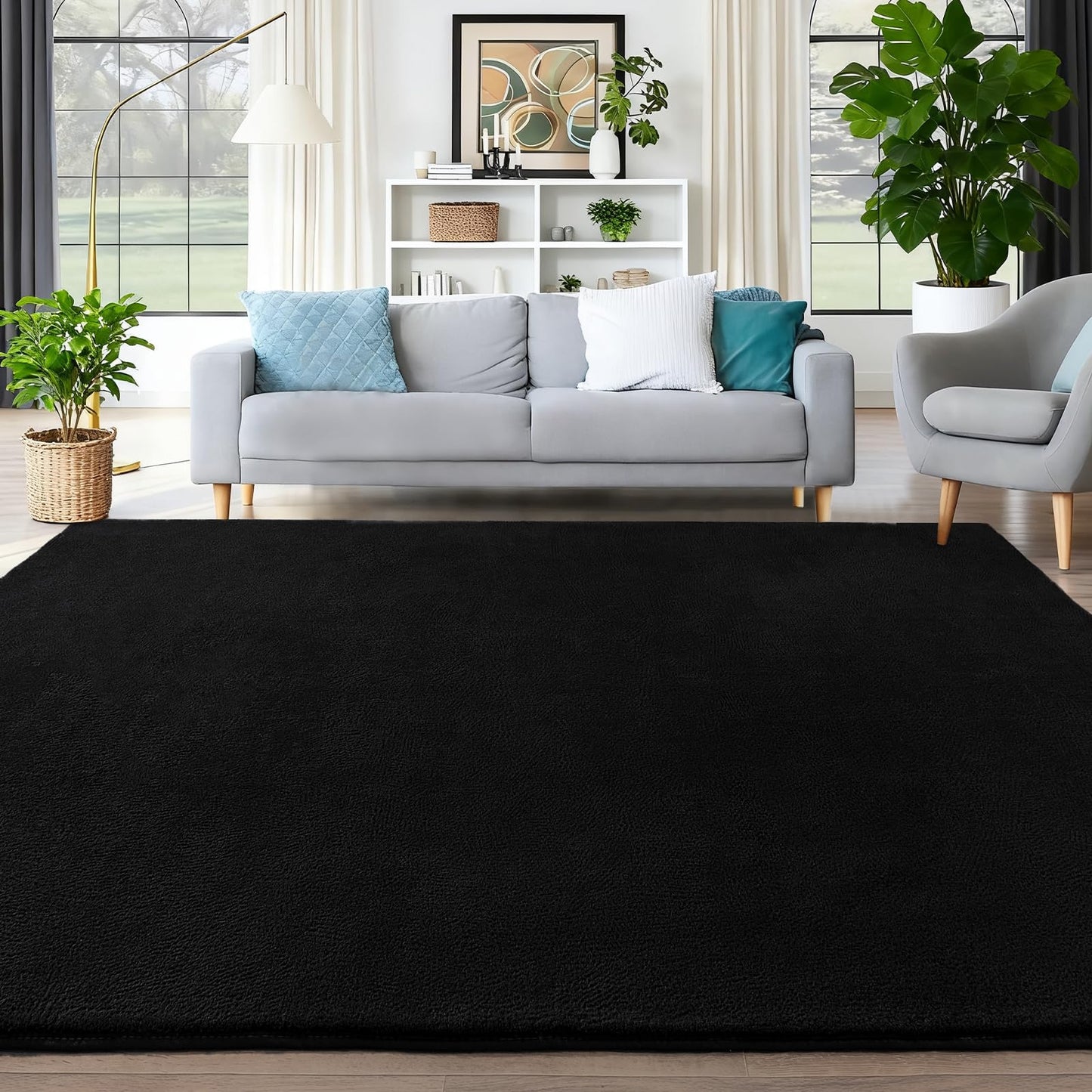 QDUIDU Large Area Rugs for Bedroom Living Room - 5x8 Feet Ultra Soft Black Rug Thickened with Memory-Foam, Solid Modern Minimalist Carpets for Home Decor, Non-Slip and Comfy Nursery Room Rugs