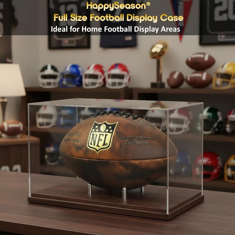 Football Display Case - Clear Acrylic Holder with Walnut Wood Base | Full Size Autograph Stand, No Assembly Required