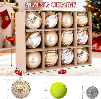 EveryMerry 24-Pack 3.1 Inch Christmas Ornaments Set - Champagne White Ornament Balls with 5 Various Designs with Strings, Sturdy, Kraft Box with Lid for Xmas Tree, Holiday Party & Home Decor