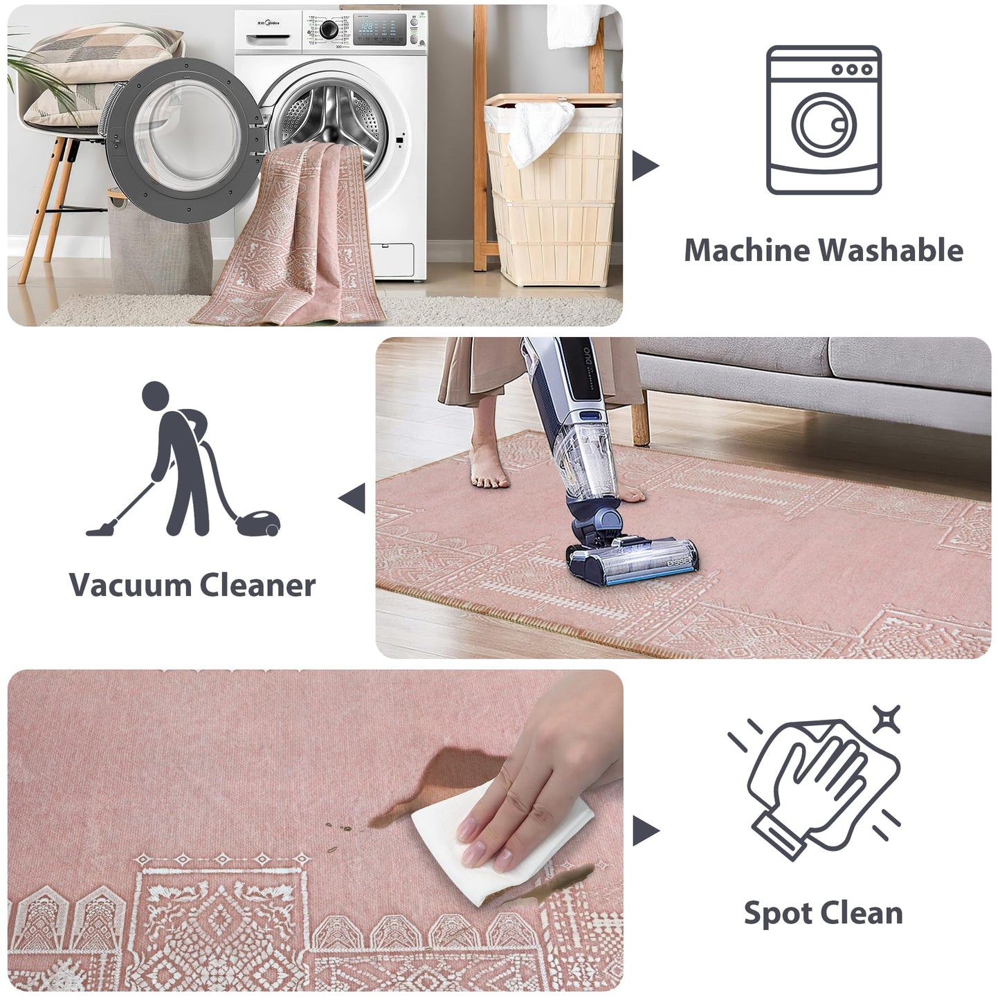 NICETOWN 2x3 Pink Rug for Entrance - Non Slip Modern Entryway Carpet Foladable Non-Resistant Oriental Medallion Mat for Entrance Kitchen Laundry Bathroom Bedroom