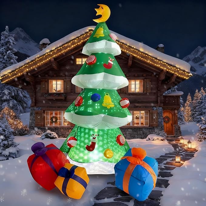COOLWUFAN 7.5 FT Inflatables Christmas Tree Decoration, Christmas Inflatables Blow Up Yard Decoration with 3 Gift Boxes & Built-in LEDs for Christmas Decorations, Indoor Outdoor Yard Garden Lawn Decor