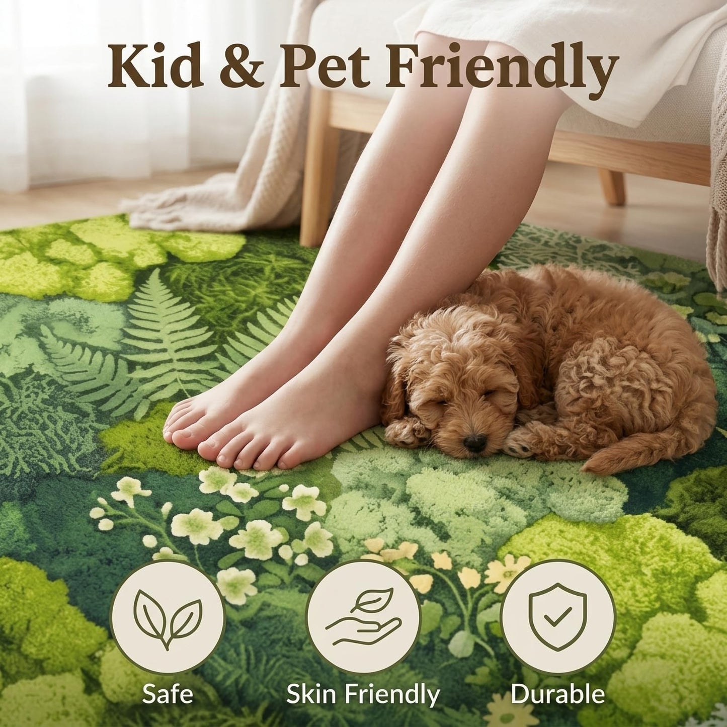 GraceSway CS 5x7 Area Rug, Green Botanical Moss & Fern Print, Faux Cashmere Low Pile, Foldable Non-Slip Rug for Living Room Bedroom, Machine Washable