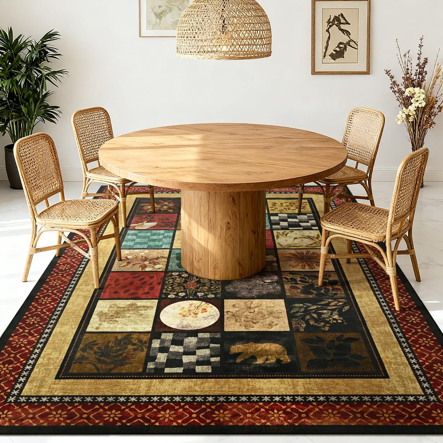 Zedrew 5x7 Area Rug, Geometry Floral Rugs for Living Room, Non Slip Low Pile Print Rug Indoor Carpet Bedroom Office Dining Kids Room Playroom Apartment Home Decor (Red, 5x7ft)