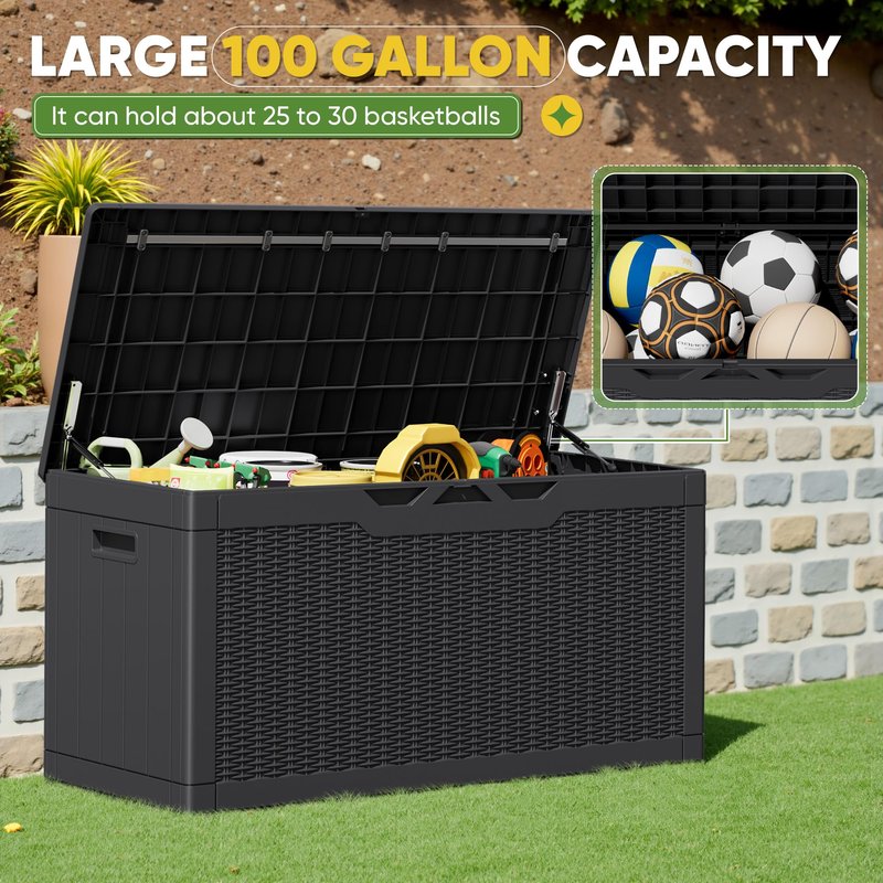 Greesum Outdoor Storage Box 100 Gallon Storage Bin with Lid for Patio Furniture, Garden Tools, Pool Supplies, Lockable, Waterproof and UV Resistant, Black