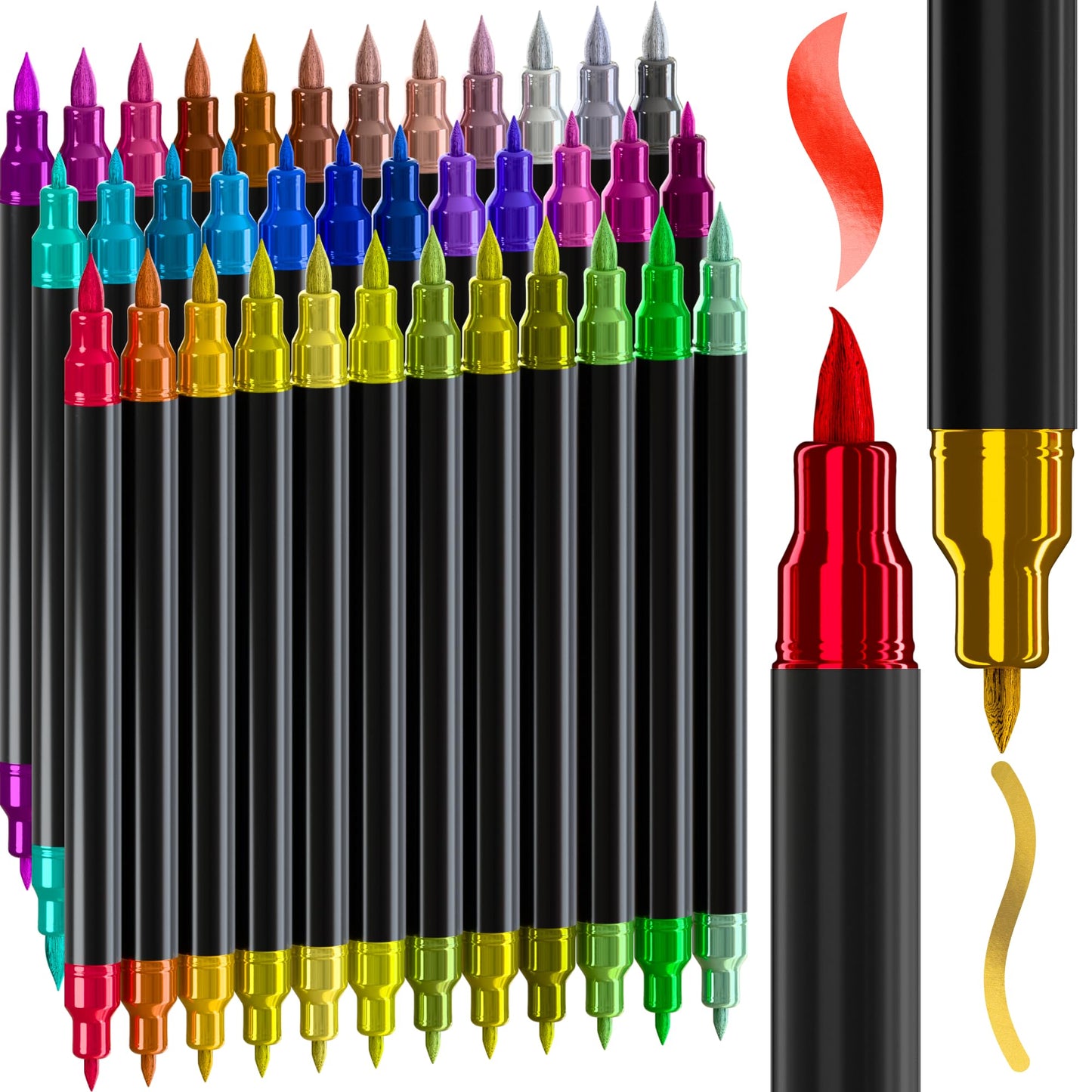 ARTISTRO 36 Metallic Acrylic Paint Markers - Paint Pens for Drawing, Brush + Fine Tips - For Fabric, Rock, Glass, Wood, DIY - Art & Craft Supplies for Adults, Teens, Kids - Teacher Appreciation Gift