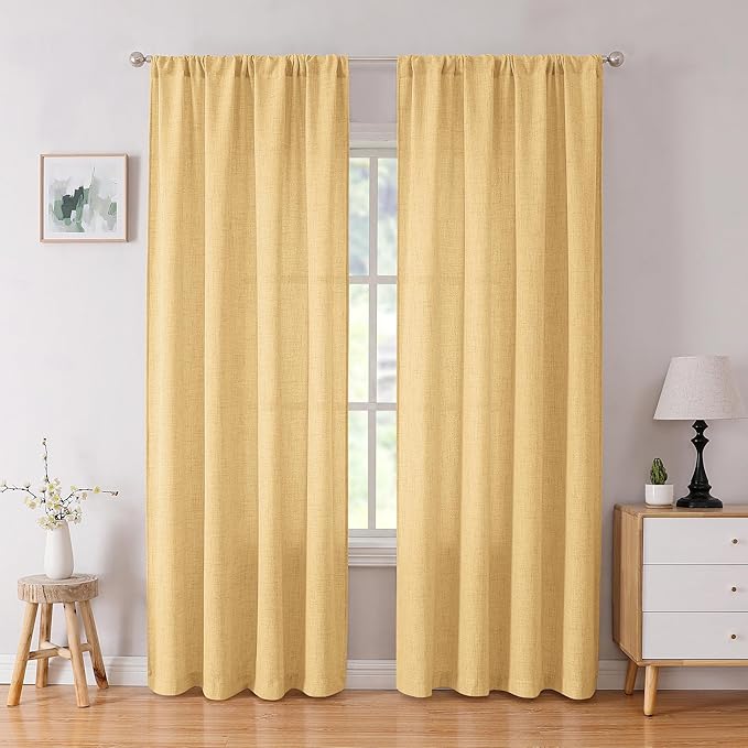 Tollpiz Linen Curtain Living Room Rod Pocket Semi Sheer Curtains Burlap Light Filtering Thick Linen Drape for Bedroom, 54 x 72 inches Long, Beige, Set of 2 Panels