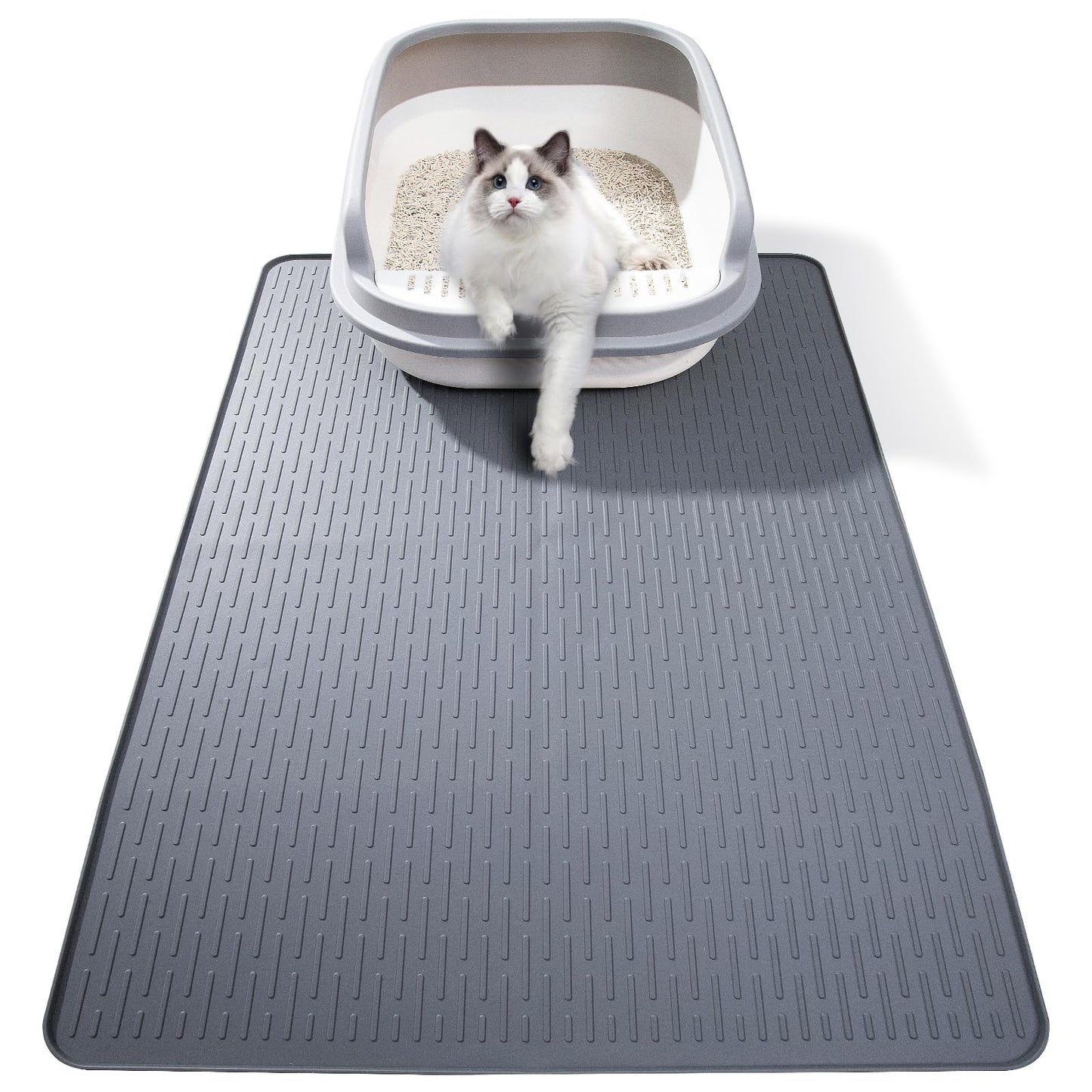Silicone Cat Litter Mat, 28x20 in Waterproof Litter Box Mat Cats Feeding Mats with Raised Edges, Quick Clean Desig (Grey)