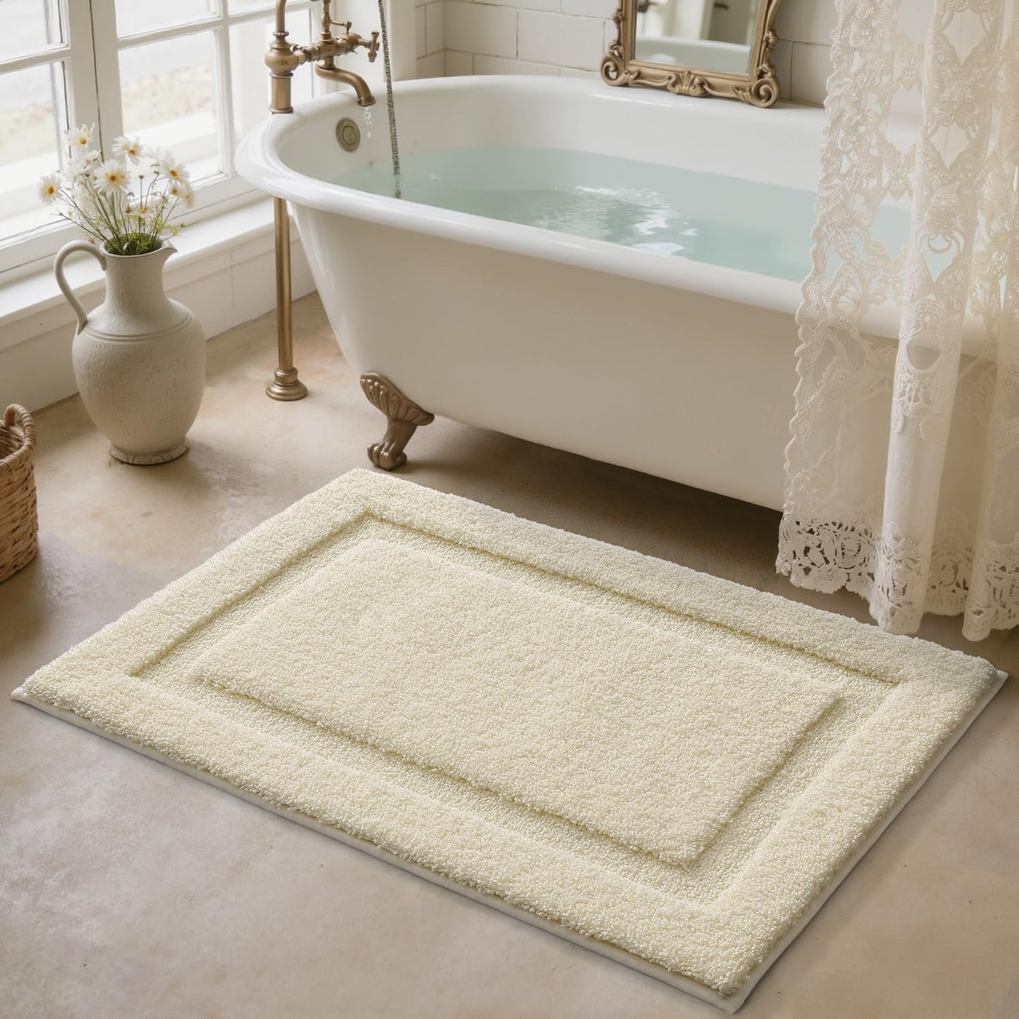 LUMI Ultra Soft Bathroom Rugs Non Slip with Rubber Backing, Absorbent Washable Bath Mat Quick Dry, Upgraded Premium Microfiber Plush Carpet for Bathtub and Shower Floor, Ivory White, 24x43