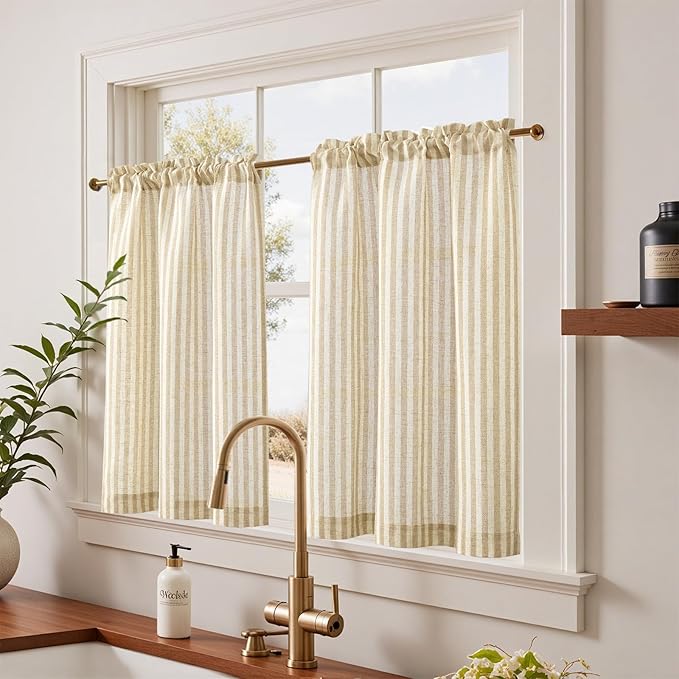 jinchan Linen Kitchen Curtains Striped Tier Ticking Stripe Pinstripe Cafe 36 Inch Length for Living Room Bathroom Farmhouse Rustic Curtains Rod Pocket 2 Panels Beige
