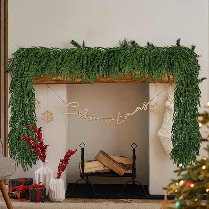 6 Ft 2 Pcs Norfolk Pine Christmas Garland - Artificial Faux Pine Needles Real Touch Winter Garland - Indoor/Outdoor Holiday Greenery Garlands for Fireplace Mantle, Staircase, Window Decor