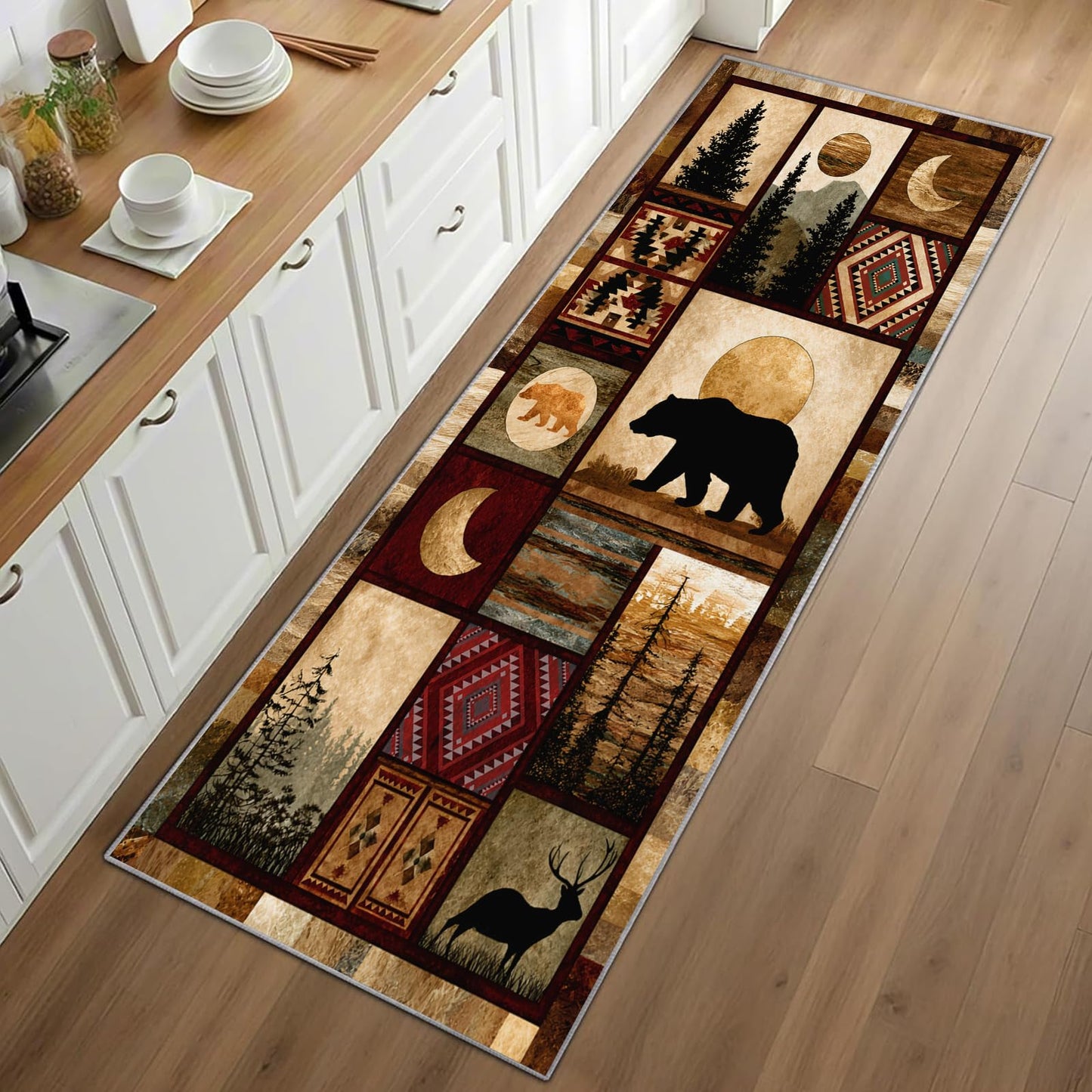 Reocahoo Rustic Cabin Runner Rug 2x6ft, Lodge Bear Deer Rug Runner, Southwestern Wildlife Rugs, Soft Low Pile Kitchen Mats for Floor - Retro Country Style Home Decor