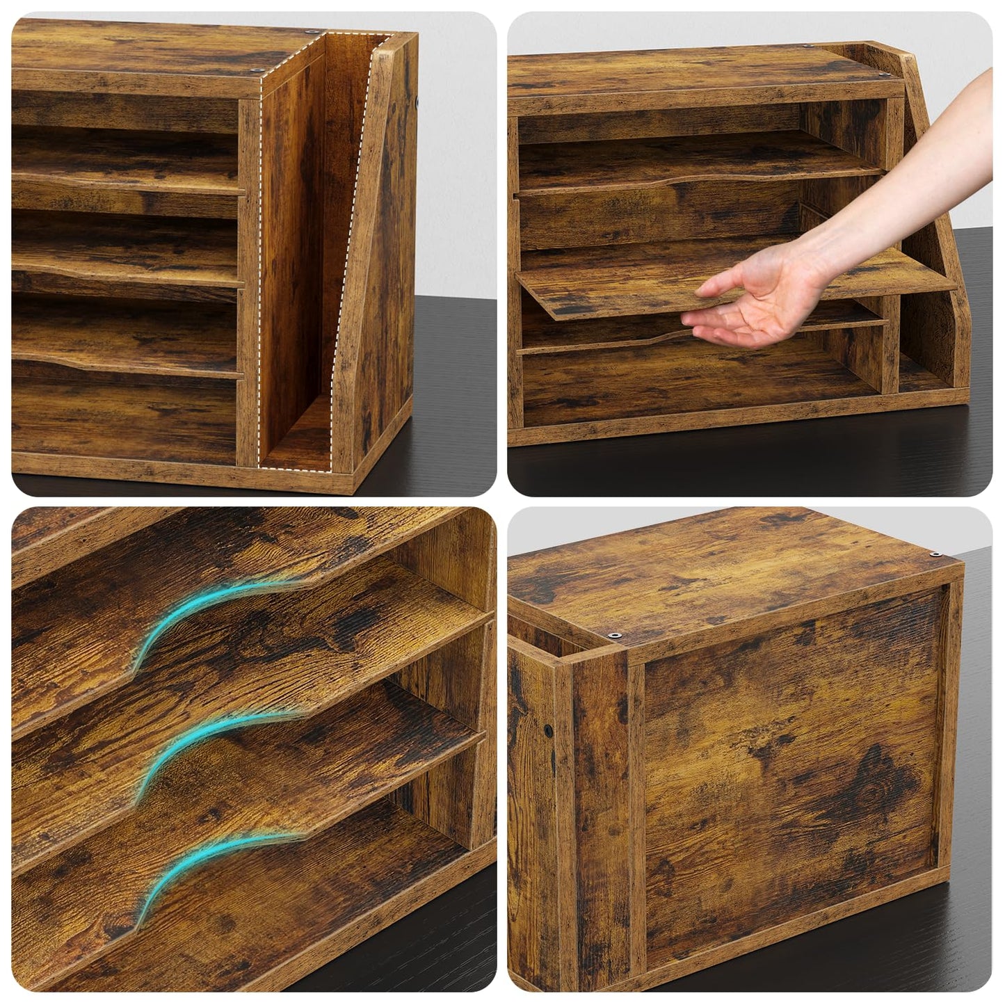 Creso hom Mail Sorter, File Organizer Desktop, Wood Desk Organizer with 3 Adjustable Shelves, Mail Holder for Office, Home, Letter Sorter File Holders for Envelopes, Supplies Magazines, Rustic Brown