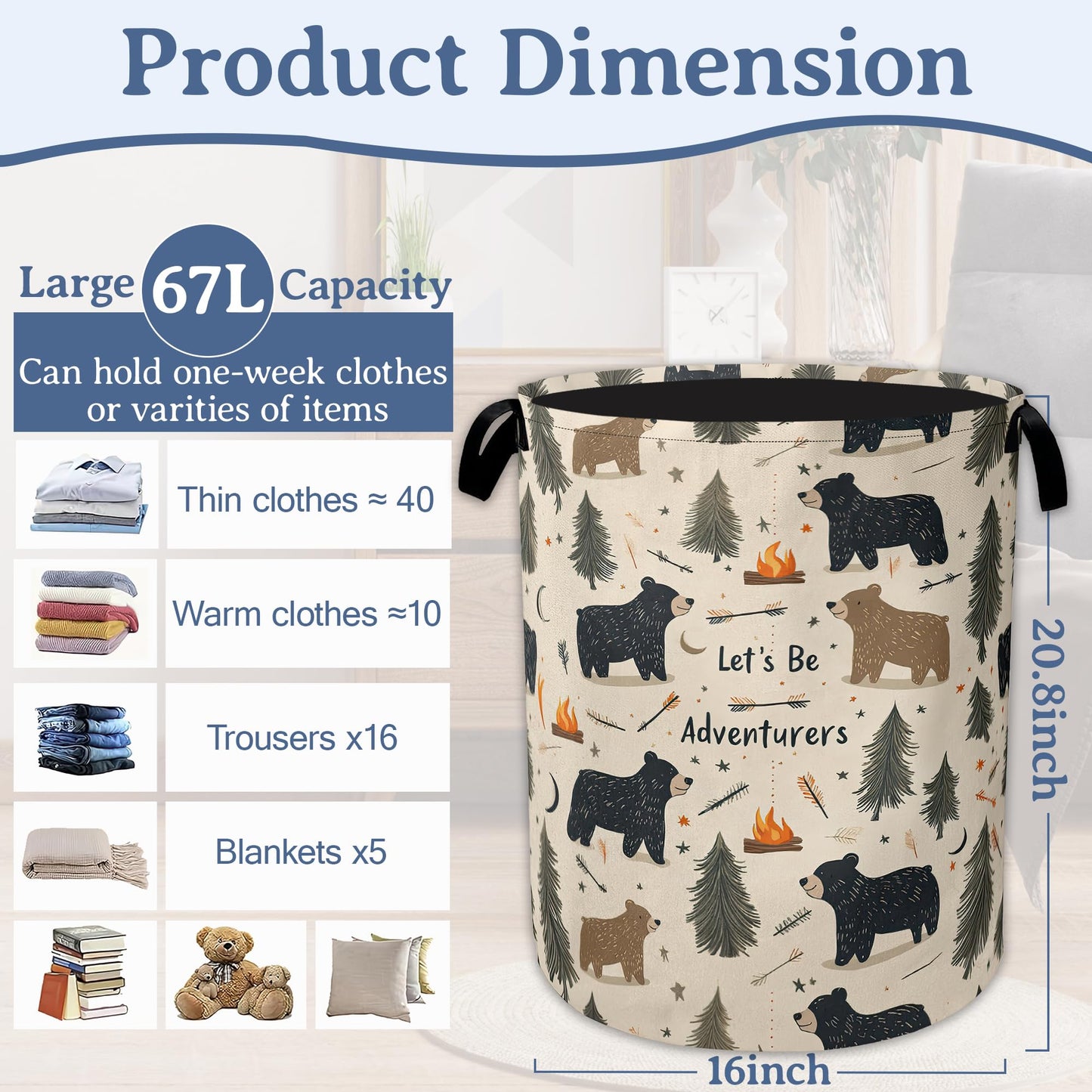 Funny Adventure Bear Forest Laundry Basket,Oxford Cloth Laundry Hamper With Handle Foldable Portable Clothes Storage Basket for Laundry Room/Bedroom/Bathroom 20.8"x16"