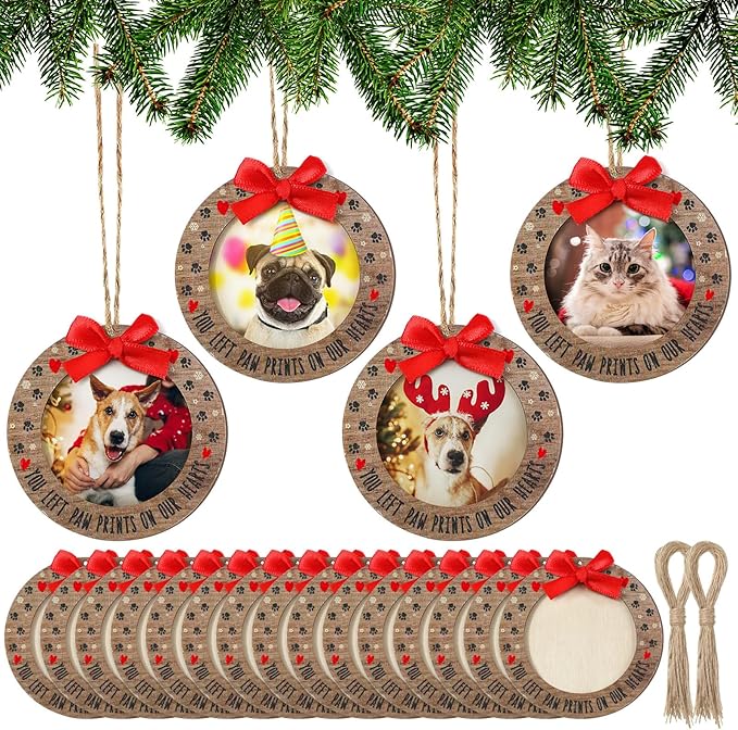 Blulu 24 Pcs Christmas Pet Picture Frames Wooden Dog Paw Memorial Photo Ornaments Snowflake Christmas Tree Decorations Pet Sympathy Gifts