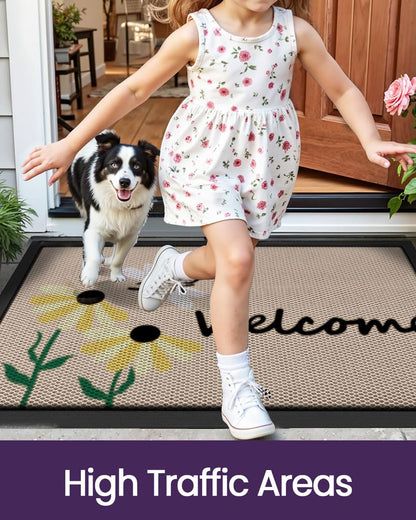 DEXI Front Door Mat Outside Entrance Welcome, Froral Entryway Doormat Dirt Trapper, Heavy Duty Non Slip Entry Mats for Patio Garage Porch Home Decorative, 17x30, Bee and Flower