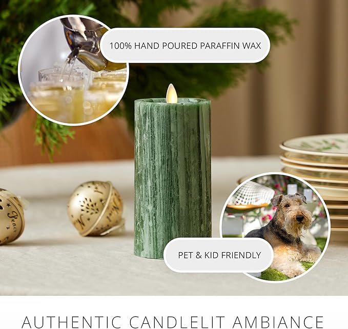 Luminara Selenite Looking Flameless Candle, Holiday Green 3" x 6.5", Battery Operated Real Wax Moving Flame LED Pillar w/Timer, Home Decor Unscented