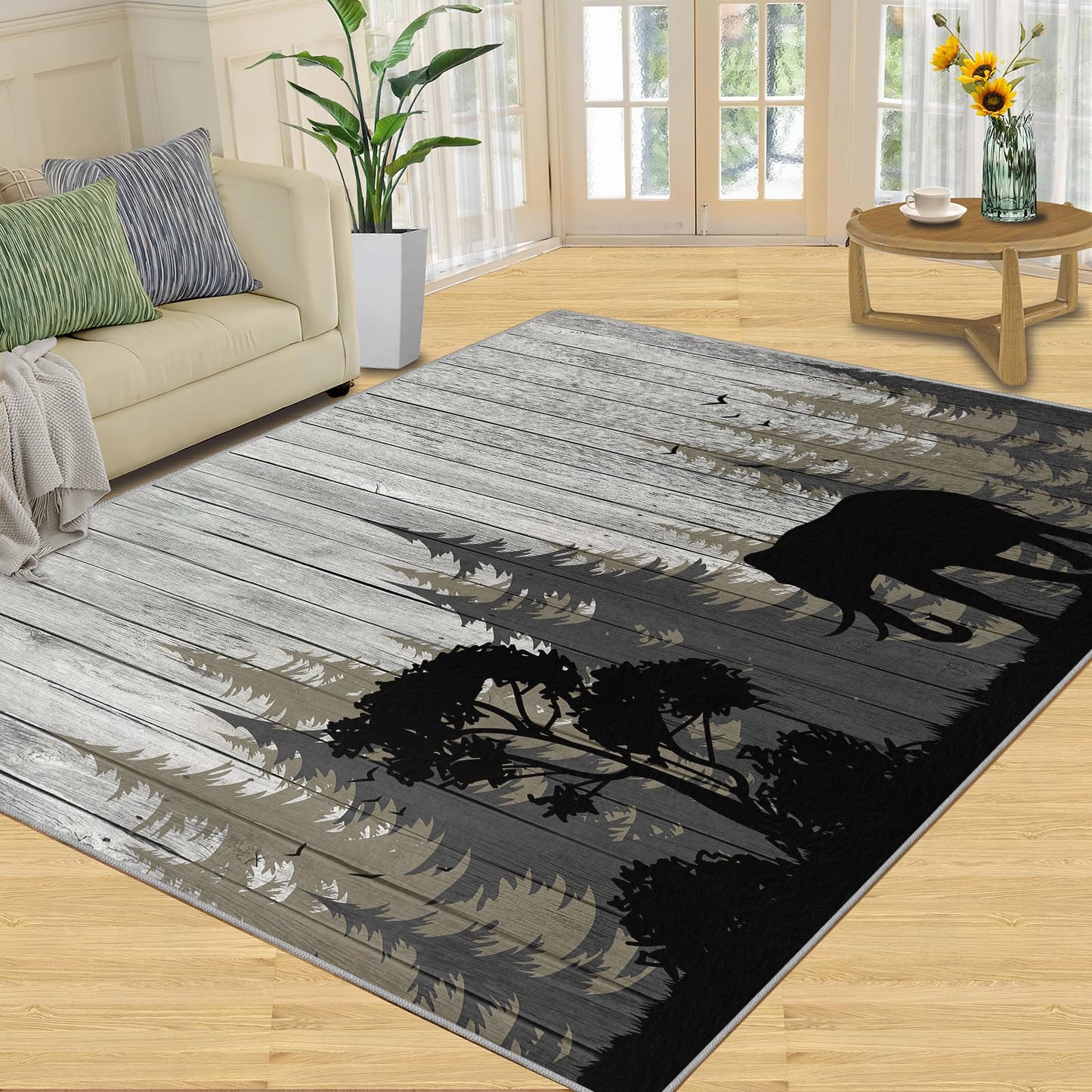 Retro Country Style Area Rug - 4' x 5' Wooden Board Animal Silhouettes Indoor Rug, Easy Care Machine Washable Large Carpet for Living Room Bedroom Dining Room Office