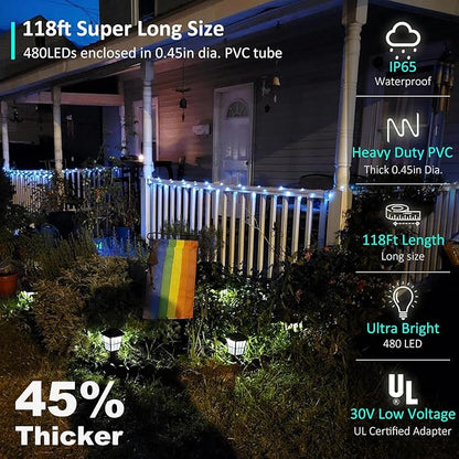 118 FT 480 LED Rope Lights for Outside, 0.45IN Dia. Rope Light Plug in Waterproof Outdoor String Lights for Garden, Tree, RV, Patio, Holiday Decoration, Party (Cool White)