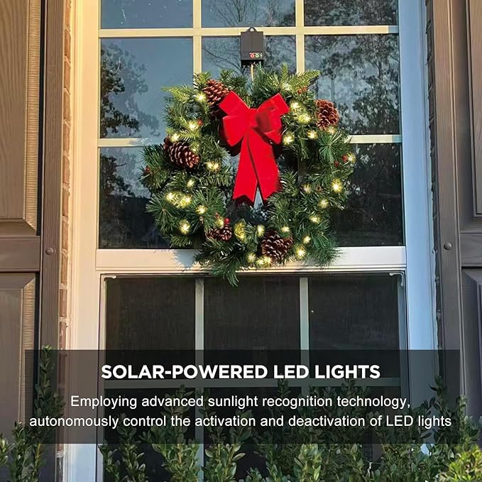 4Pack Solar Christmas Wreath Pre-Lit Solar 50 Led Artificial Wreath Outdoor Front Door Window Christmas Decorations with Frosted Branches Berry Clusters Red Velvet Bows (2401-4pk)