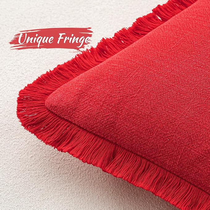 MIULEE Christmas Decorative Throw Pillow Covers Neutral Linen Fringe Throw Pillows Set of 2 Red Boho Farmhouse Cushion Covers with Tassels for Couch Sofa Bed Living Room Spring Home Decor 20x20 Inch