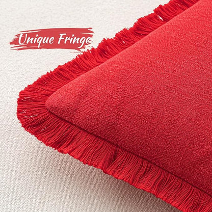 MIULEE Christmas Decorative Throw Pillow Covers Neutral Linen Fringe Throw Pillows Set of 2 Red Boho Farmhouse Cushion Covers with Tassels for Couch Sofa Bed Living Room Spring Home Decor 20x20 Inch