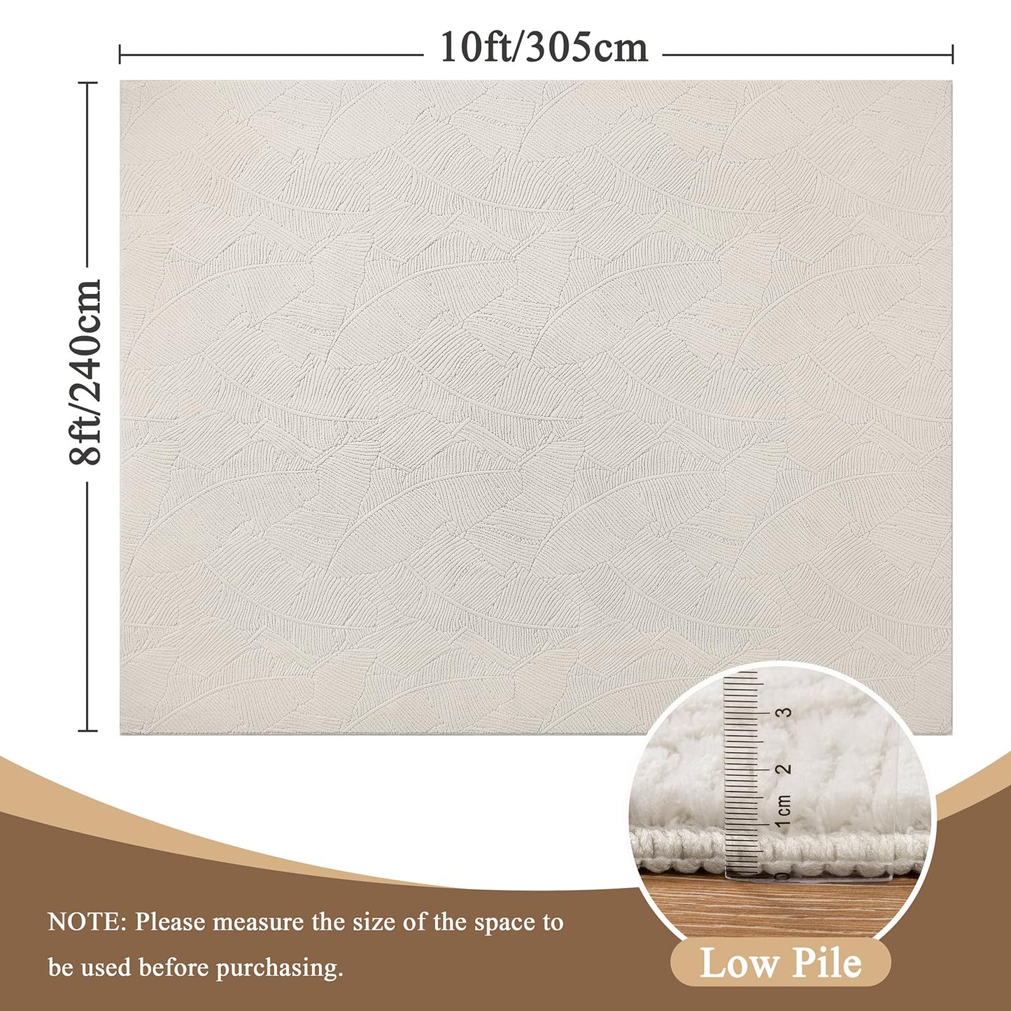 Ileading Washable Area Rug for Living Room 8x10 ft, Beige Soft Fluffy Tropical Leaf Carpet with Non Slip Backing, Low Pile Rugs for Bedroom Dining Room Indoor Home Office