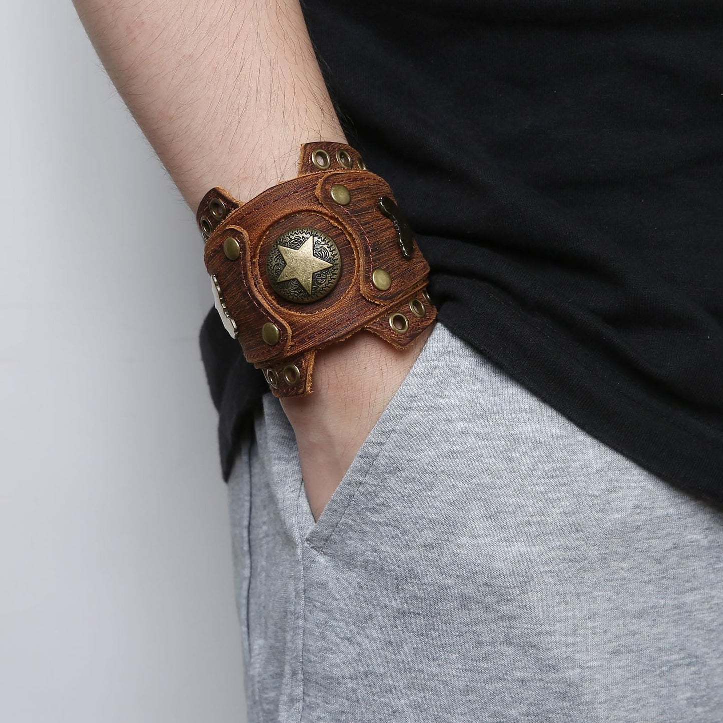 HZMAN Leather Bracelets Retro Men's Leather Cuff Bracelet Adjustable Wide Wristband Bracelet Jewelry Gift
